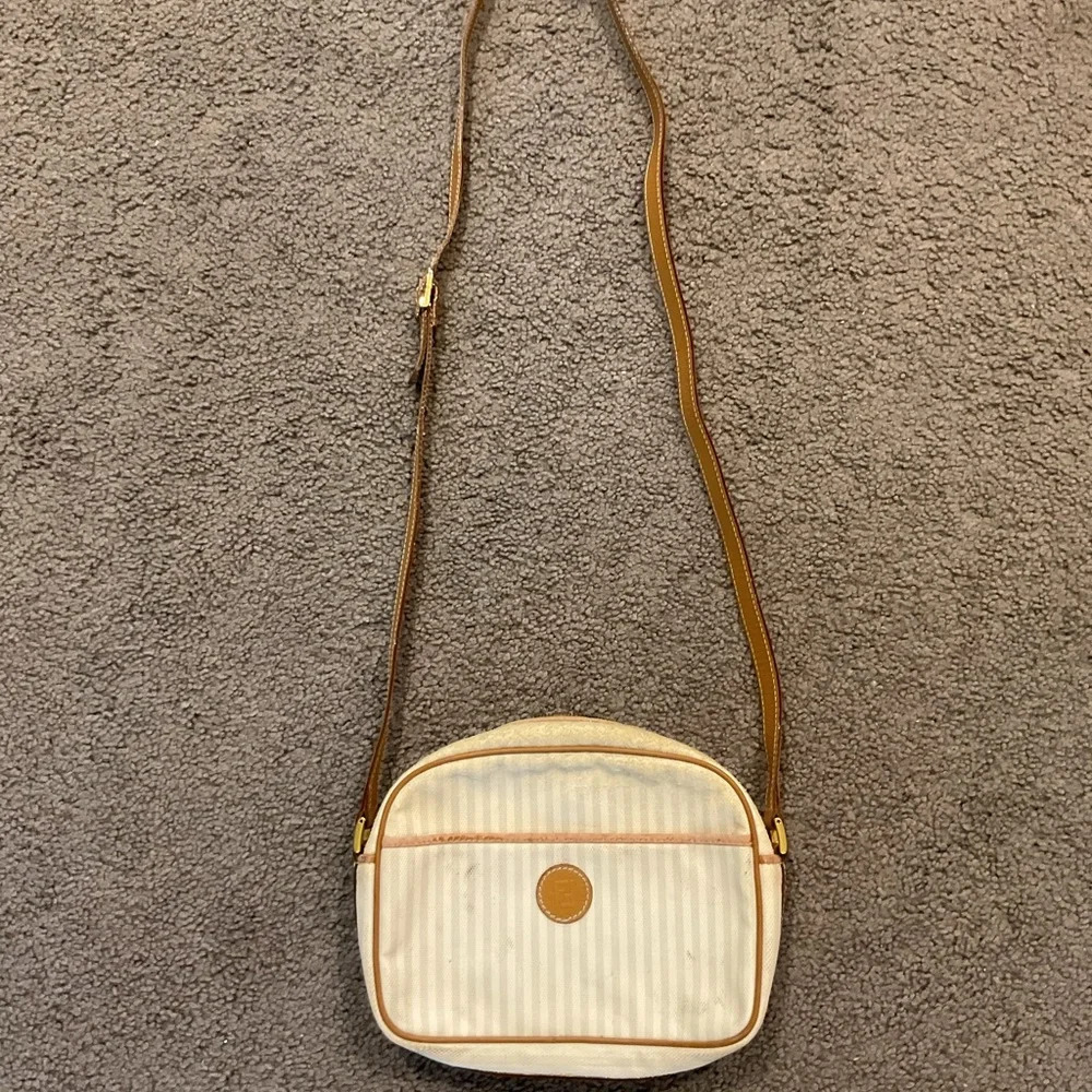 Fendi Vintage Logo White Canvas Leather Crossbody Tote Purse Shoulder Bag Y2K